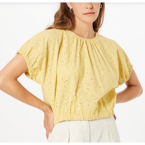 Madewell Tops - Madewell Eyelet Crop Top Puff Sleeve Yellow Tie Back Casual Blouse Size‎ S